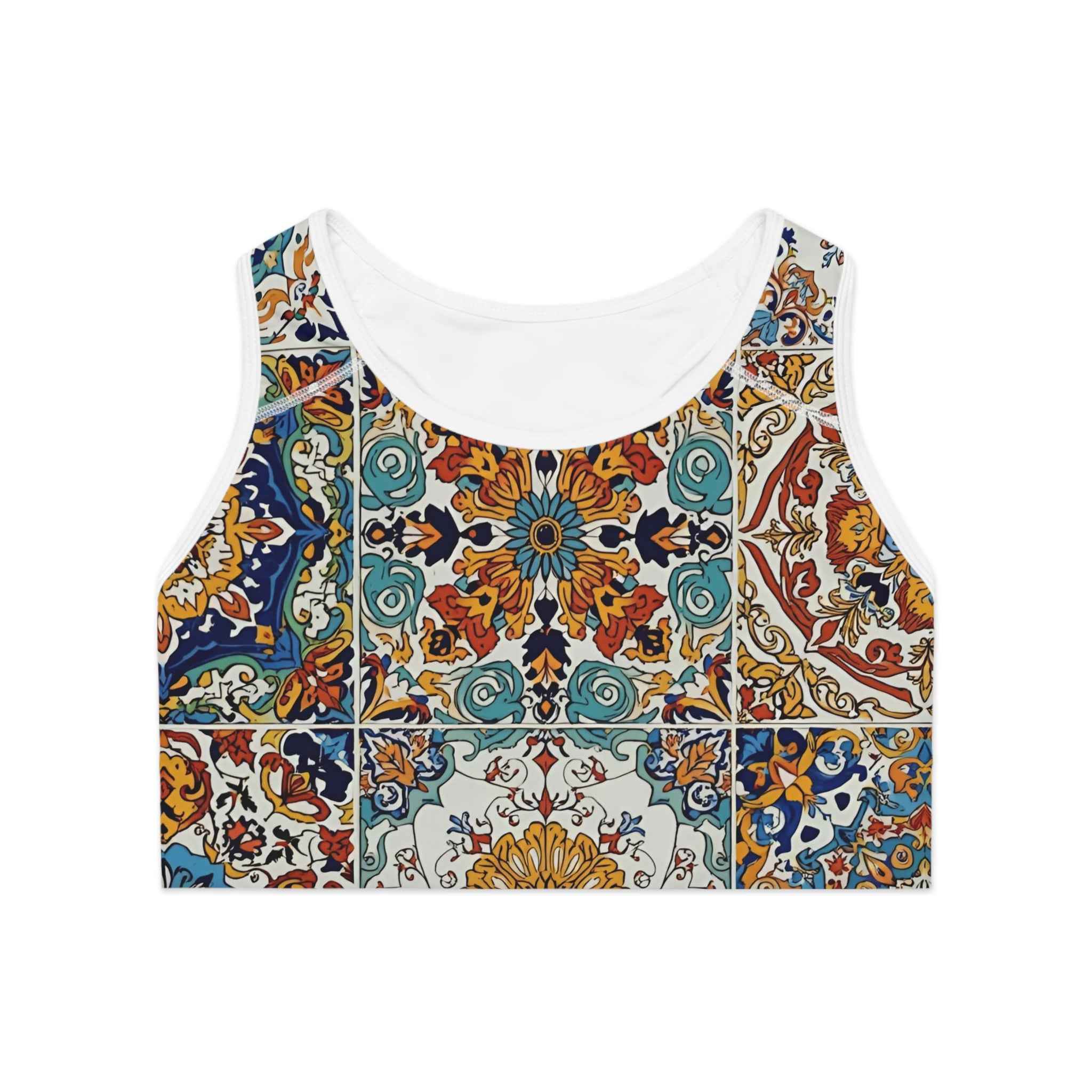 Boho Tile Print Sports Bra Moroccan Mosaic Activewear